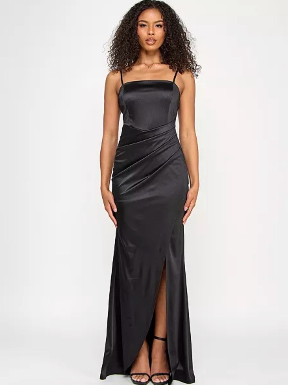 Emerald Sundae Black Satin Spaghetti-Strap Maxi Gown